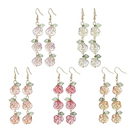 5Pairs 5 Colors Glass Dangle Earrings, with 304 Stainless Steel Earring Hooks, Rose