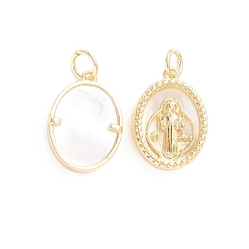 Religion Brass Pendants, with Natural Shell and Jump Ring, Oval with Saint Benedict Medal