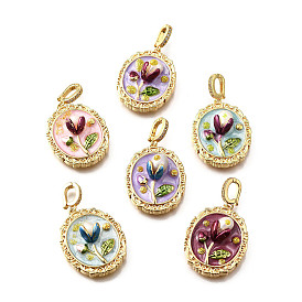 6 couleurs laiton émail paillettes ovales avec pendentifs fleurs, avec zircone cubique transparente et perle d'eau douce naturelle, réel 18 k plaqué or