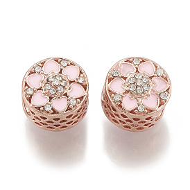Alloy Rhinestone Beads, with Enamel, Hollow, Large Hole Beads, Flat Round with Flower