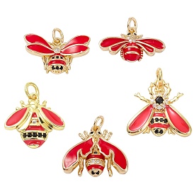 5Pcs 5 Style Brass Micro Pave Cubic Zirconia Pendants, with Enamel, Real 18K Gold Plated, Long-Lasting Plated, Bug