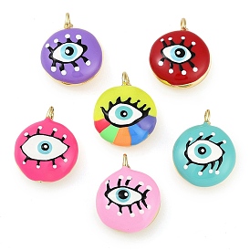 Rack Plating Brass Pendants, with Enamel, Lead Free & Cadmium Free, Real 18K Gold Plated, Flat Round with Evil Eye Charm