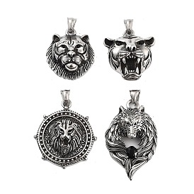 Retro 304 Stainless Steel Pendants, Antique Silver, Tiger/Lion/Wolf Head Charm