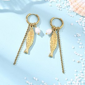 Серьги-подвески для женщин из натурального культивированного пресноводного жемчуга и 304 нержавеющей стали в виде рыбок., рыба, с 202 серьгами-кольцами из нержавеющей стали