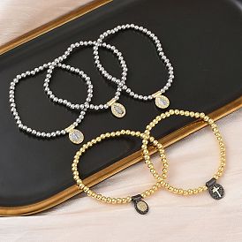 Браслеты с овальными подвесками из латуни, латунные круглые бусины эластичные браслеты для женщин, стойки покрытие, долговечный, без свинца и без кадмия