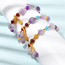 Raw Rough Natural Amethyst Charm Beaded Stretch Bracelets for Women, with Plastic Beads