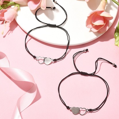Friendship & Valentine's Day Theme Stainless Steel Interlocking Love Heart Link Bracelets Sets, Adjustable Nylon Thread Braided Bracelet