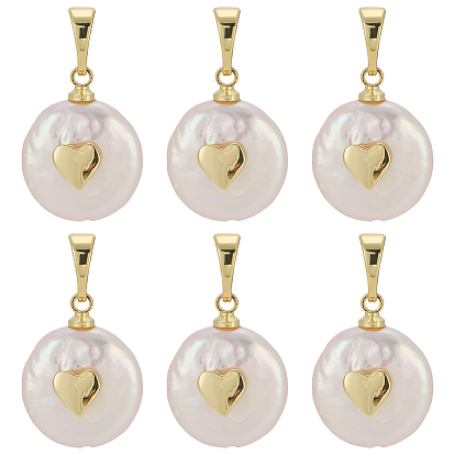 6 шт. Подвески из натурального культивированного пресноводного жемчуга., с латунной фурнитурой , самородки с сердцем, долговечный, цвет морской раковины