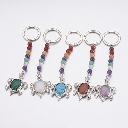 Natural/Synthetic Gemstone Chakra Keychain, with Mixed Stone and Platinum Plated Brass Findings, Tortoise