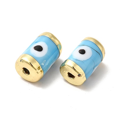 Handmade Evil Eye Lampwork Beads, with Light Gold Tone Brass Findings, Long-Lasting Plated, Lead Free and Cadimum Free, Column