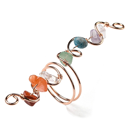 Natural Mixed Gemstone Chips Wide Ring, Rack Plating Brass Wire Wrap Chakra Ring