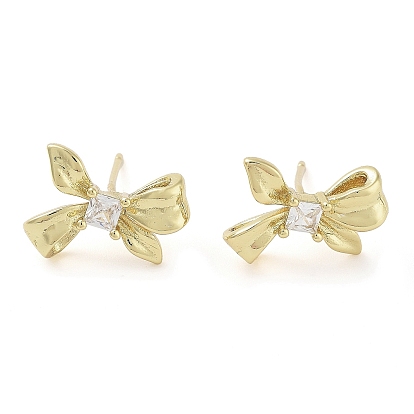 Brass Micro Pave Cubic Zirconia Studs Earrings, Long-Lasting Plated, Lead Free & Cadmium Free, Bowknot