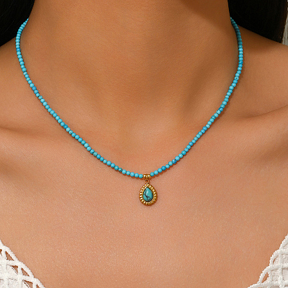 Нержавеющая сталь паве синтетическая бирюза капля кулон круглые бусины ожерелья для женщин ежедневные элегантные украшения, золотые