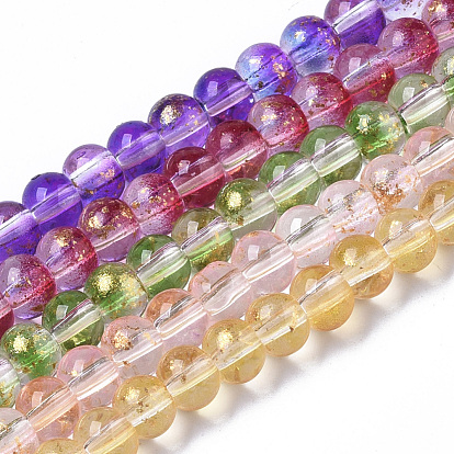 Transparent Spray Painted Glass Beads Strands, with Golden Foil, Round