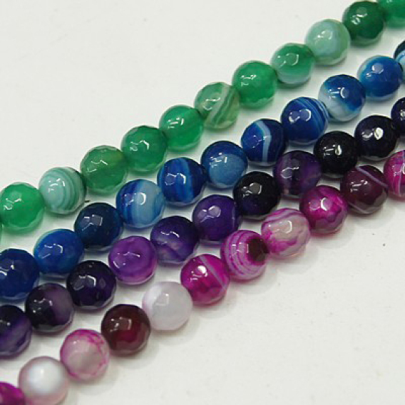 Natural Agate Strands, Dyed, Stripes, Faceted, Round