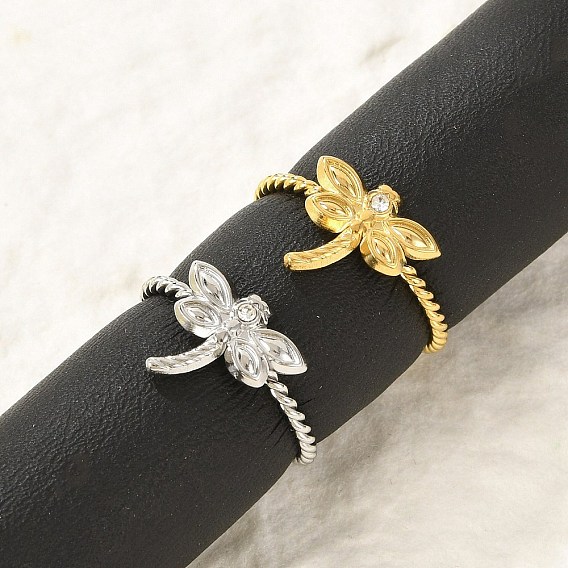 304 Кольца-манжеты из нержавеющей стали с кристаллами и стразами для женщин, стрекоза открытые кольца