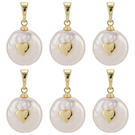 6 шт. Подвески из натурального культивированного пресноводного жемчуга., с латунной фурнитурой , самородки с сердцем, долговечный, цвет морской раковины