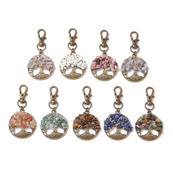 Плоские круглые подвески из сплава в тибетском стиле с древом жизни, украшения, с бусинами из смешанных синтетических и натуральных драгоценных камней, античная бронза