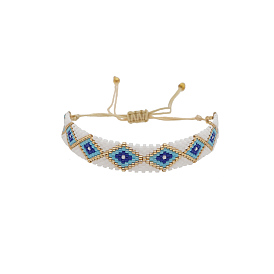 Miyuki Seed Braided Bead Bracelet, Rhombus with Evil Eye Friendship Bracelet for Women