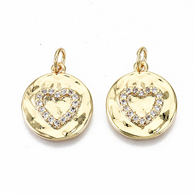 Brass Micro Pave Clear Cubic Zirconia Pendants, with Jump Rings, Nickel Free, Flat Round with Heart