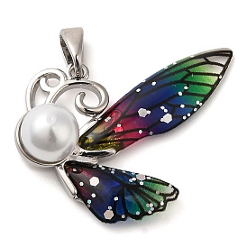 Brass Acrylic Pendants, with ABS Imitation Pearl Beads, Butterfly Wings