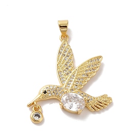 Rack Plating Brass Micro Pave Cubic Zirconia Pendants, Cadmium Free & Lead Free, Long-Lasting Plated, Real 18K Gold Plated, Bird