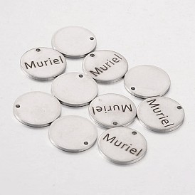 201 Stainless Steel Pendants, Flat Round with Word, 15x1mm, Hole: 1.3mm