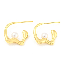 Rack Plating Brass Stud Earrings with Plastic Pearl, Half Hoop Earrings, Long-Lasting Plated, Lead Free & Cadmium Free