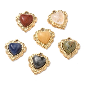 Natural Gemstone Pendants, 304 Stainless Steel Bezeled Heart Charms, PVD Vacuum Plating, Real 18K Gold Plated