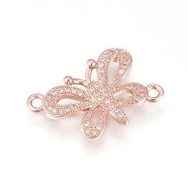 Brass Micro Pave Cubic Zirconia Links, Long-Lasting Plated, Lead Free & Cadmium Free & Nickel Free, Butterfly, Clear