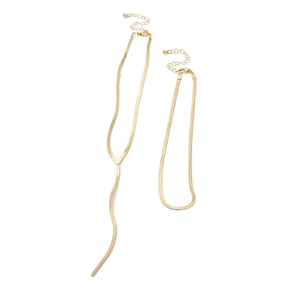 2Pcs 2 Styles Brass Flat Snake Chain Necklaces Set, Lariat Necklaces