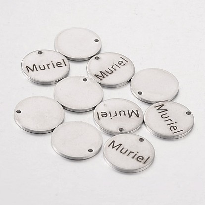 201 Stainless Steel Pendants, Flat Round with Word, 15x1mm, Hole: 1.3mm