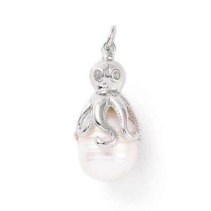 Shell Pearl Pendants, with Brass Pave Clear Cubic Zirconia Findings, Cadmium Free & Lead Free, Long-Lasting Plated, Oval with Octopus Charm