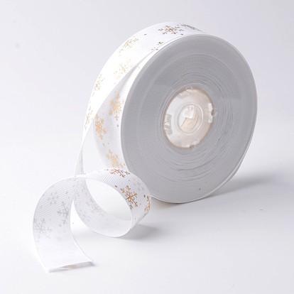 Golden Snowflake Pattern Printed Polyester Grosgrain Ribbon, for Christmas Gift Packing, 1 inch(25mm), about 100yards/roll(91.44m/roll)