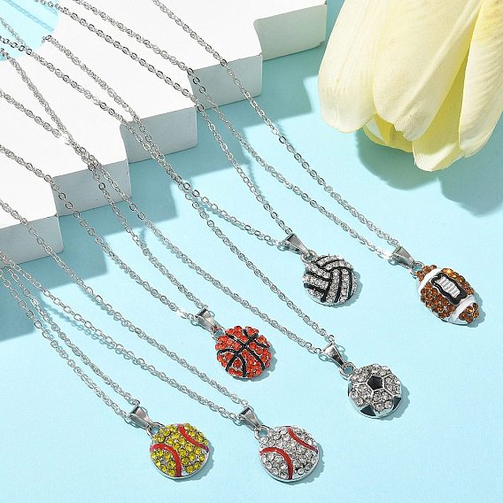 Ожерелья из цинкового сплава со стразами в виде спортивного мяча с цепочкой и кабелем, с эмалью, платина