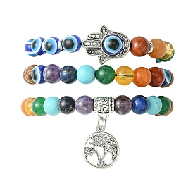 3Pcs 3 Styles Chakra Gemstone & Wood Evil Eye Braided Beaded Bracelet Sets, Tree of Life Alloy Charm Adjustable Stackable Bracelets