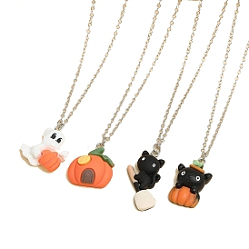 5Pcs 5 Style Halloween Ghost & Pumpkin & Cat Resin Pendant Necklaces Set for Women
