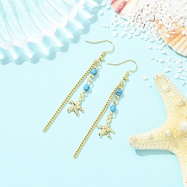 Латунь болтаться серьги, с синтетическими бусинок бирюзовой и 304 из нержавеющей стали серьги крюков, морская звезда с цепями из брусьев