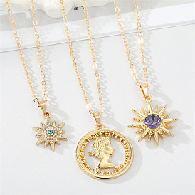 Sun Queen Alloy Diamond Pendant Necklace for Women - Elegant Collarbone Chain Sweater Accessory with Exquisite Charm