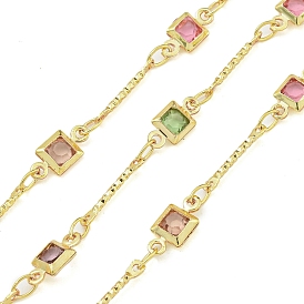 Brass Chain, with Micro Pave Cubic Zirconia and Glass Links, Square