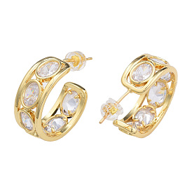 Cubic Zirconia Oval Half Hoop Earrings, Golden Brass C-shape Stud Earrings for Women, Nickel Free
