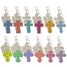 36шт. 12 стили, брелок-крест из необработанного дерева, с железной фурнитурой, платина