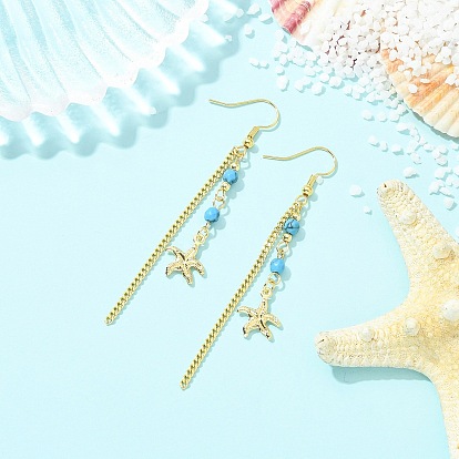 Латунь болтаться серьги, с синтетическими бусинок бирюзовой и 304 из нержавеющей стали серьги крюков, морская звезда с цепями из брусьев