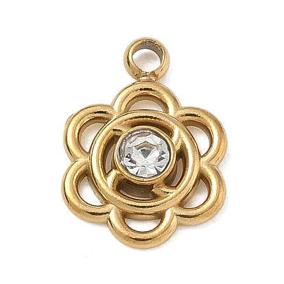 304 Stainless Steel Pendants, with Rhinestone, Flower Charms