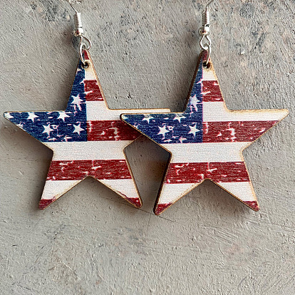Flag Color Star Wood Dangle Earrings, Independence Day Theme Iron Jewelry for Women