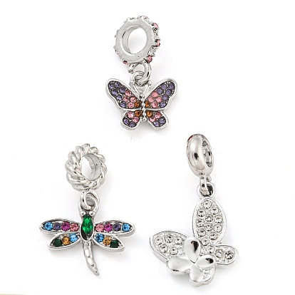 Подвески из сплава с покрытием стойки, стразы, бабочка/стрекоза, насекомое, европейские подвески, Подвески с большими отверстиями, платина, без кадмия, без никеля и без свинца