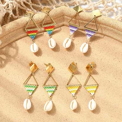 Seed Glass Woven Dangle Earrings for Women, Rhombus, with Natural Cowrie Shell, 304 Stainless Steel Stud Earrings, Real 18K Gold Plated