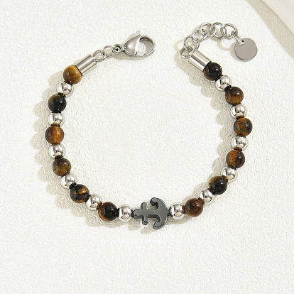 Браслеты из нержавеющей стали и натурального тигрового глаза с круглыми бусинами, браслеты из гематитовых бусин для женщин