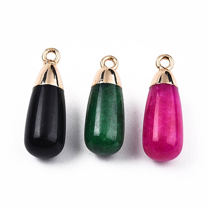 Natural Agate Pendants, with Light Gold Plated Iron Findings, Teardrop Charm, Dyed & Heated