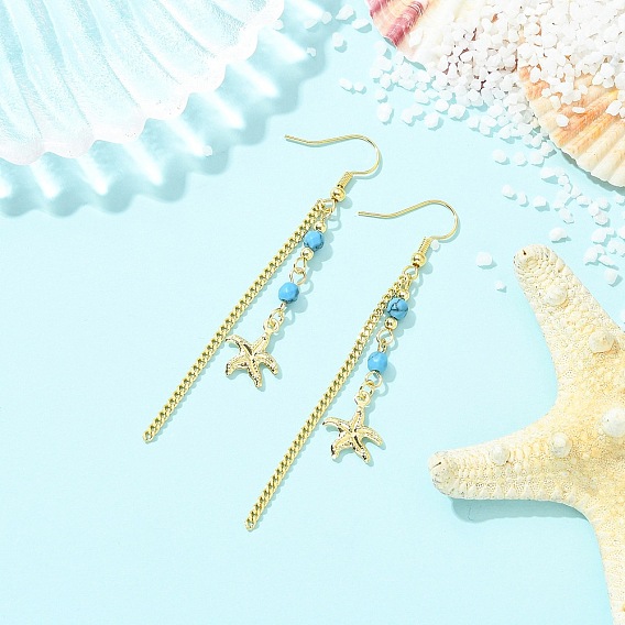 Латунь болтаться серьги, с синтетическими бусинок бирюзовой и 304 из нержавеющей стали серьги крюков, морская звезда с цепями из брусьев